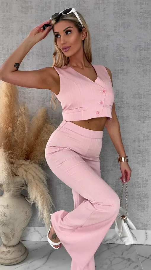 Elegancki różowy komplet w paski 3w1 żakiet + kamizelka + spodnie - R490B