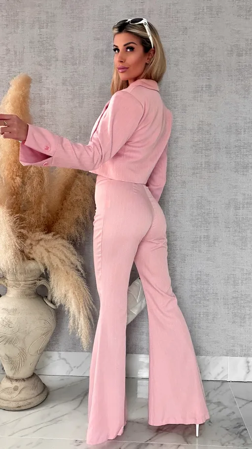 Elegancki różowy komplet w paski 3w1 żakiet + kamizelka + spodnie - R490B