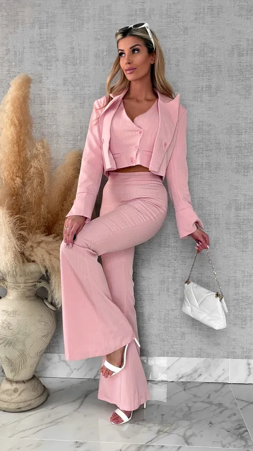 Elegancki różowy komplet w paski 3w1 żakiet + kamizelka + spodnie - R490B
