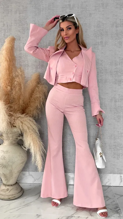 Elegancki różowy komplet w paski 3w1 żakiet + kamizelka + spodnie - R490B