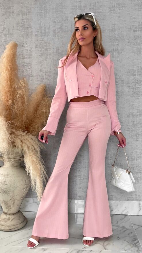 Elegancki różowy komplet w paski 3w1 żakiet + kamizelka + spodnie - R490B