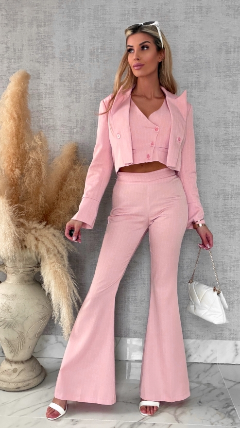 Elegancki różowy komplet w paski 3w1 żakiet + kamizelka + spodnie - R490B
