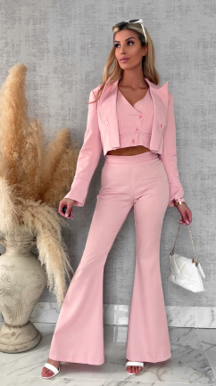 Elegancki różowy komplet w paski 3w1 żakiet + kamizelka + spodnie - R490B