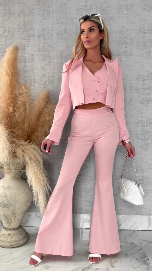 Elegancki różowy komplet w paski 3w1 żakiet + kamizelka + spodnie - R490B