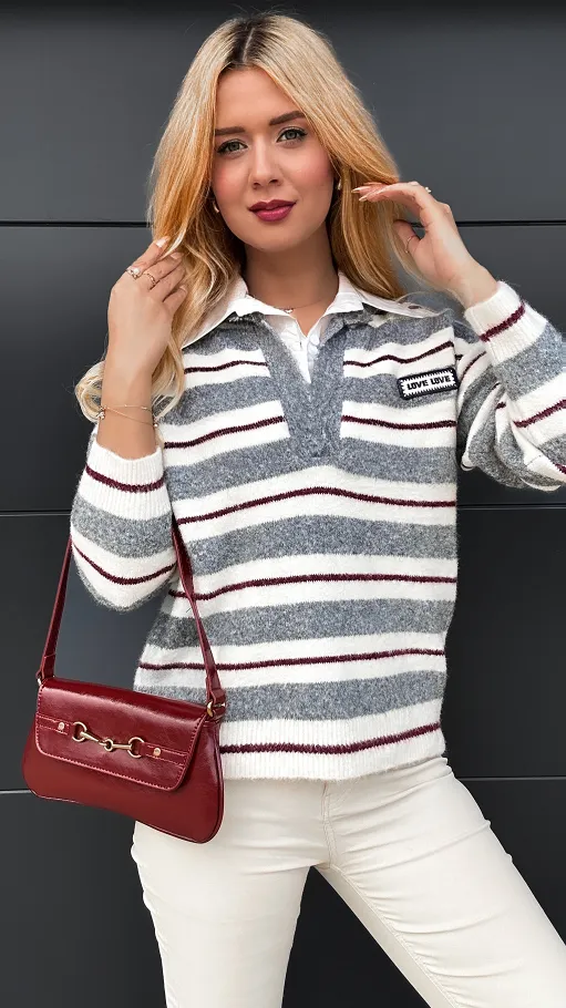 Elegancki sweter LOVE w szare paski z koszulową wstawką ONE SIZE - R090