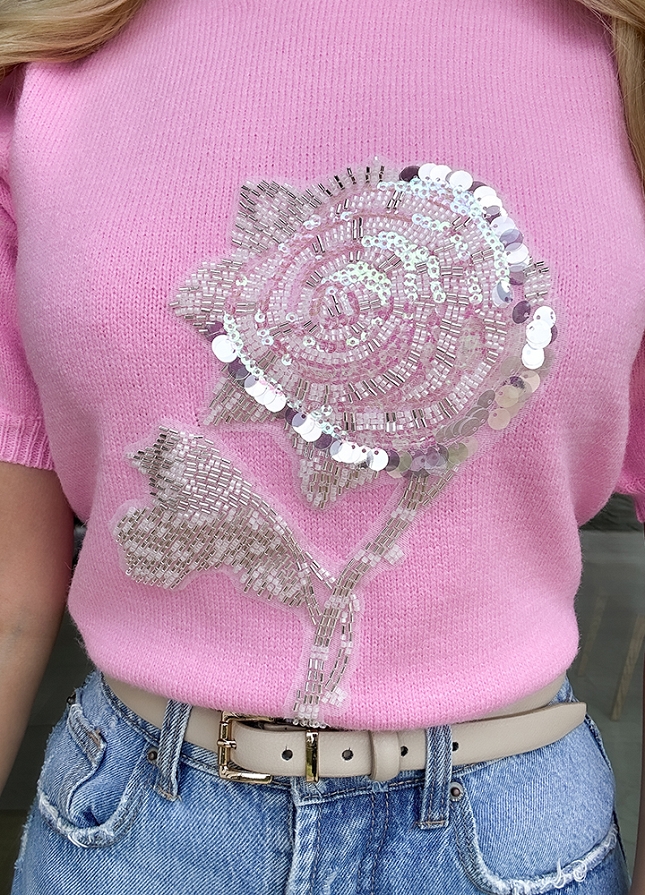 Różowa bluzka sweterkowa z różą z CEKINÓW - M759A