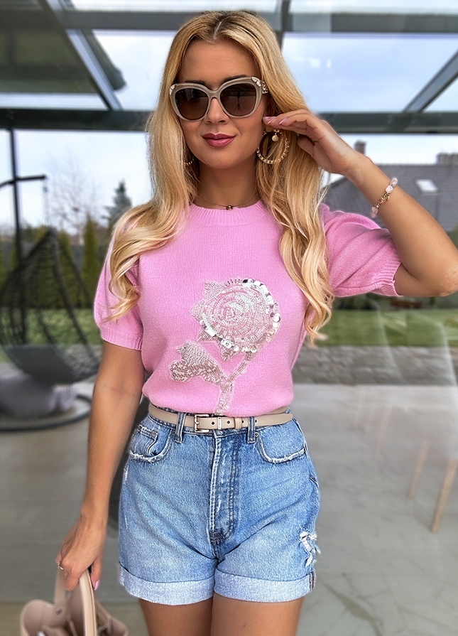 Różowa bluzka sweterkowa z różą z CEKINÓW - M759A