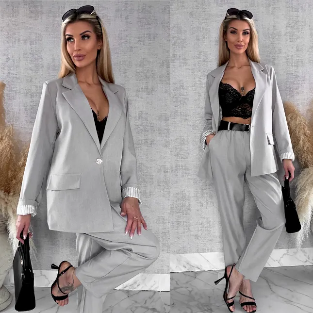 Elegancki wiosenny komplet beżowy żakiet + spodnie ONE SIZE - R675