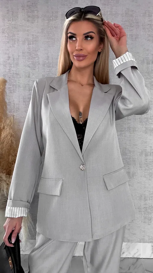 Elegancki wiosenny komplet beżowy żakiet + spodnie ONE SIZE - R675