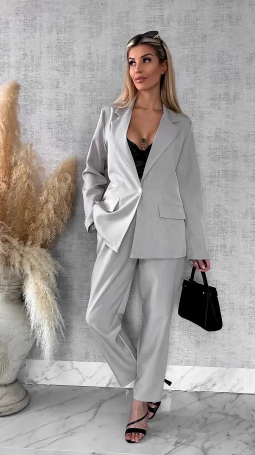 Elegancki wiosenny komplet beżowy żakiet + spodnie ONE SIZE - R675