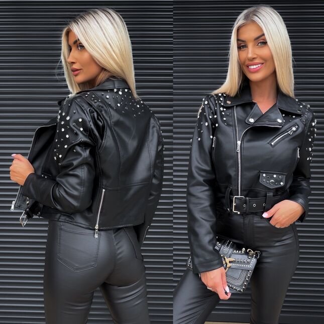 Kurtka przejściowa BIKER z eko skóry z cyrkoniami BLACK - S336