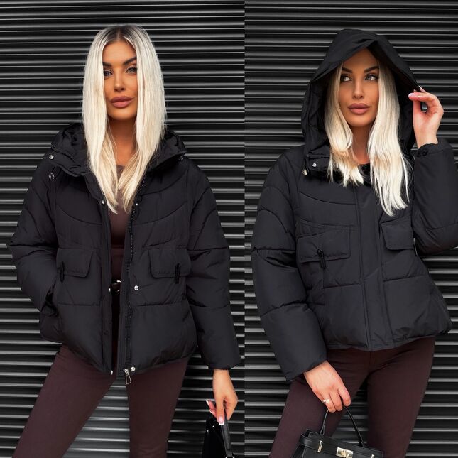 Lekka zimowa kurtka z kapturem w klasycznym stylu BLACK - S437