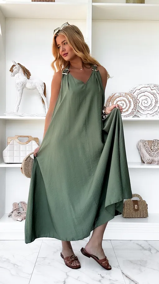 Gładka letnia MAXI sukienka w kolorze khaki ONE SIZE - P874