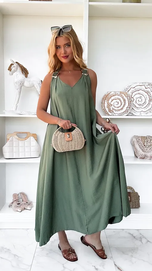Gładka letnia MAXI sukienka w kolorze khaki ONE SIZE - P874