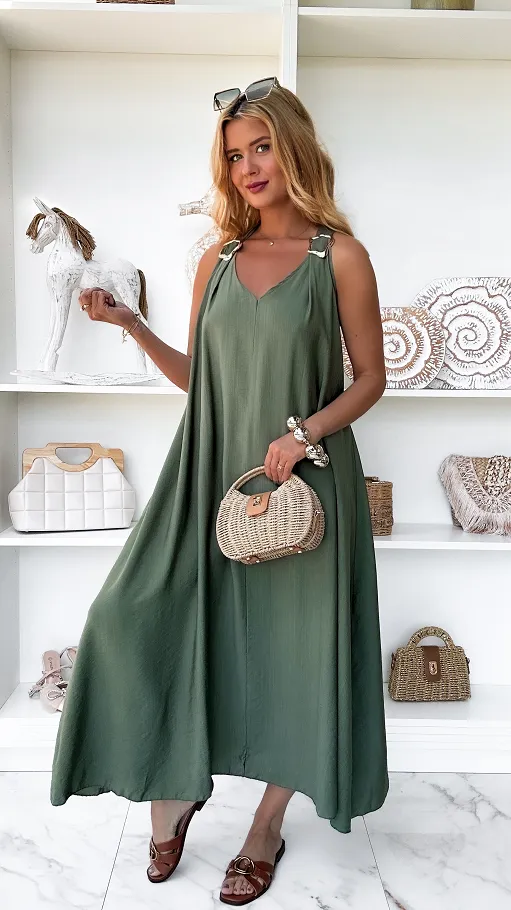 Gładka letnia MAXI sukienka w kolorze khaki ONE SIZE - P874