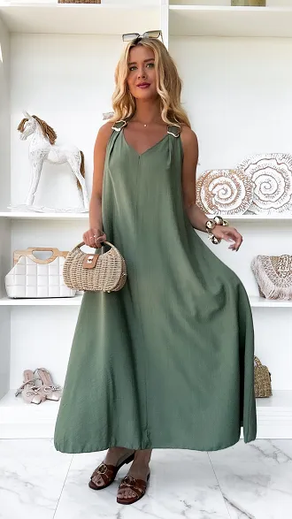 Gładka letnia MAXI sukienka w kolorze khaki ONE SIZE - P874