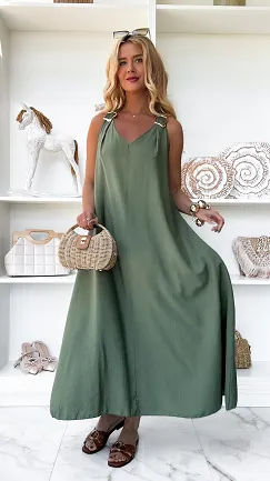 Gładka letnia MAXI sukienka w kolorze khaki ONE SIZE - P874