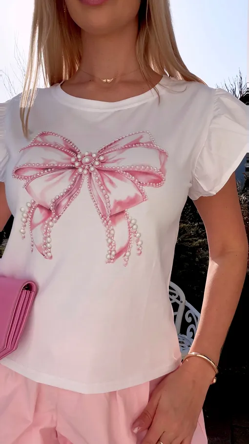 Bawełniana biała bluzka T-SHIRT z różową kokardką ONE SIZE - R792