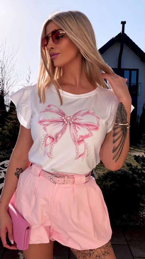 Bawełniana biała bluzka T-SHIRT z różową kokardką ONE SIZE - R792