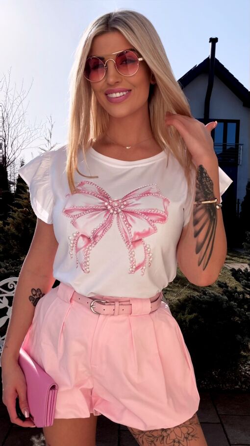 Bawełniana biała bluzka T-SHIRT z różową kokardką ONE SIZE - R792