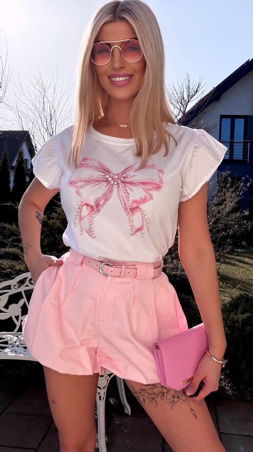 Bawełniana biała bluzka T-SHIRT z różową kokardką ONE SIZE - R792