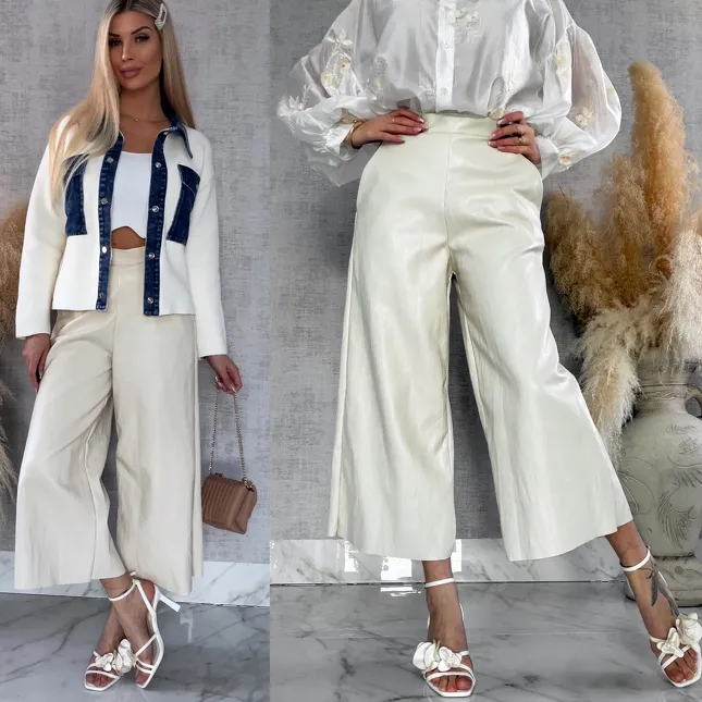 Skórzane spodnie KULOTY z kieszeniami JASNY BEŻ - R587