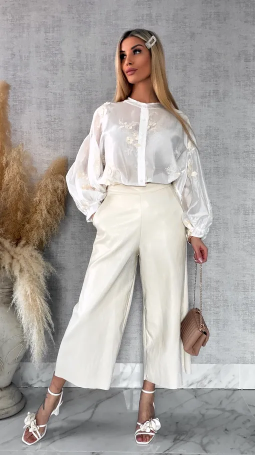 Skórzane spodnie KULOTY z kieszeniami JASNY BEŻ - R587