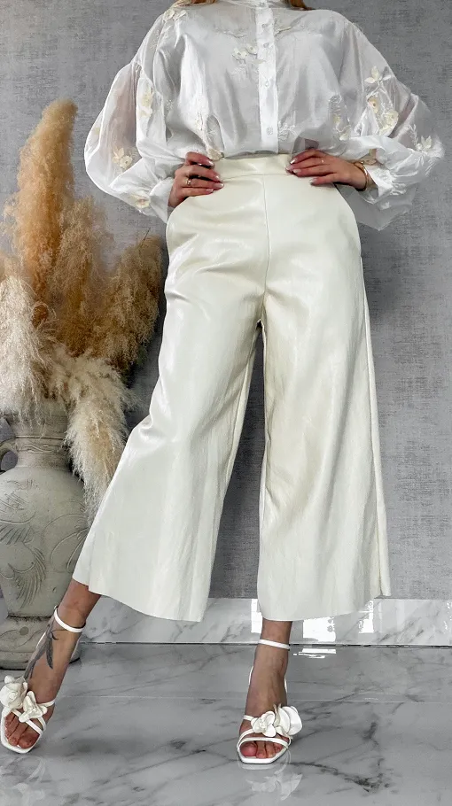 Skórzane spodnie KULOTY z kieszeniami JASNY BEŻ - R587