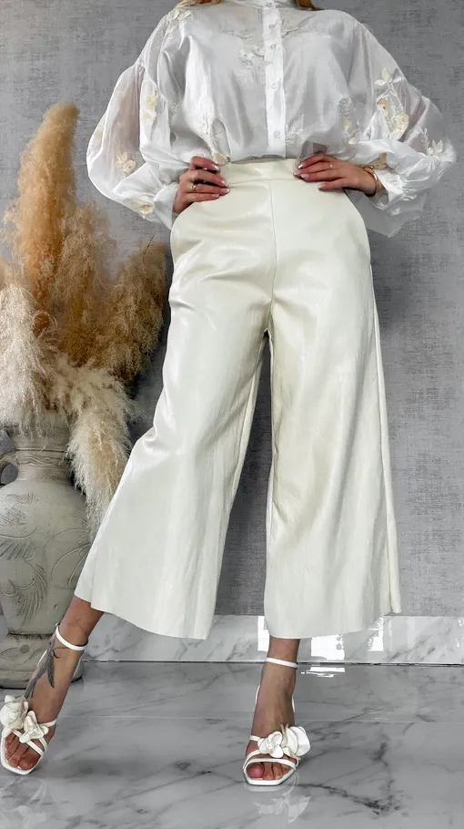 Skórzane spodnie KULOTY z kieszeniami JASNY BEŻ - R587