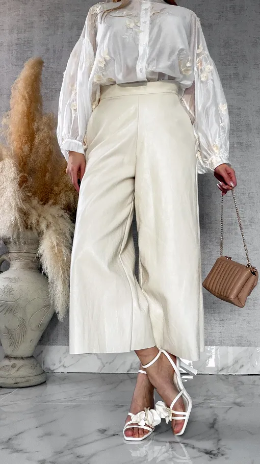 Skórzane spodnie KULOTY z kieszeniami JASNY BEŻ - R587