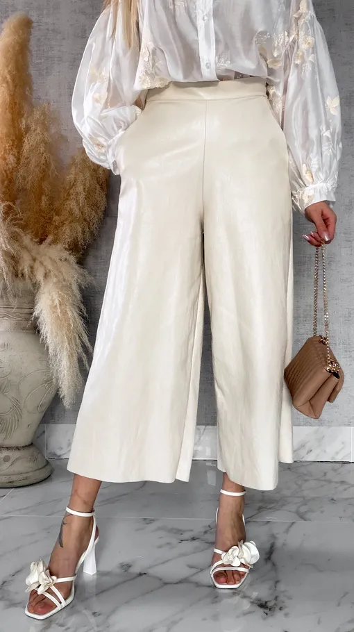 Skórzane spodnie KULOTY z kieszeniami JASNY BEŻ - R587