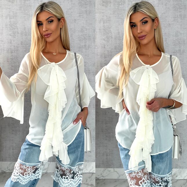 Elegancka bluzka koszulowa z żabotem ONE SIZE ecru - R460A