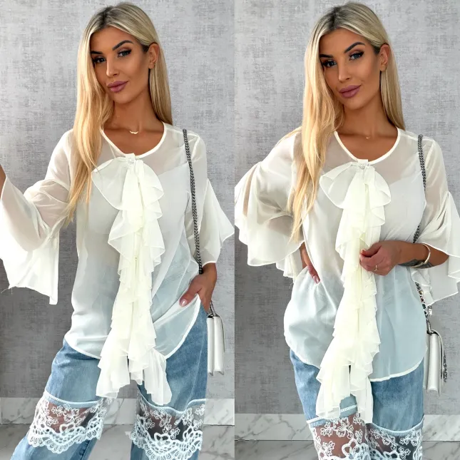 Elegancka bluzka koszulowa z żabotem ONE SIZE ecru - R460A