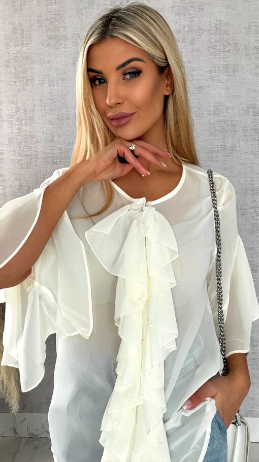 Elegancka bluzka koszulowa z żabotem ONE SIZE ecru - R460A