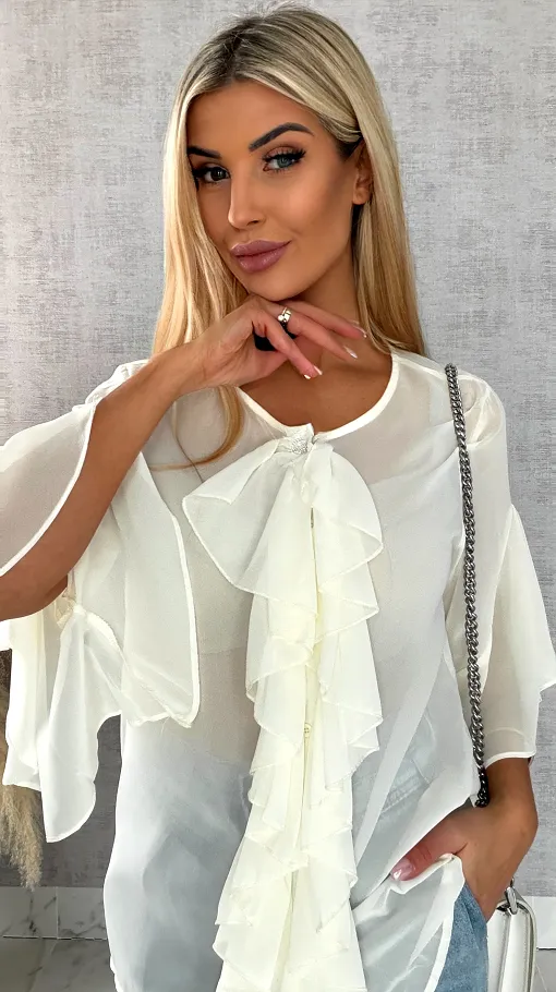 Elegancka bluzka koszulowa z żabotem ONE SIZE ecru - R460A