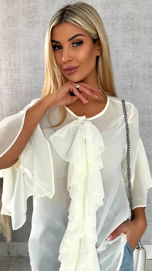 Elegancka bluzka koszulowa z żabotem ONE SIZE ecru - R460A