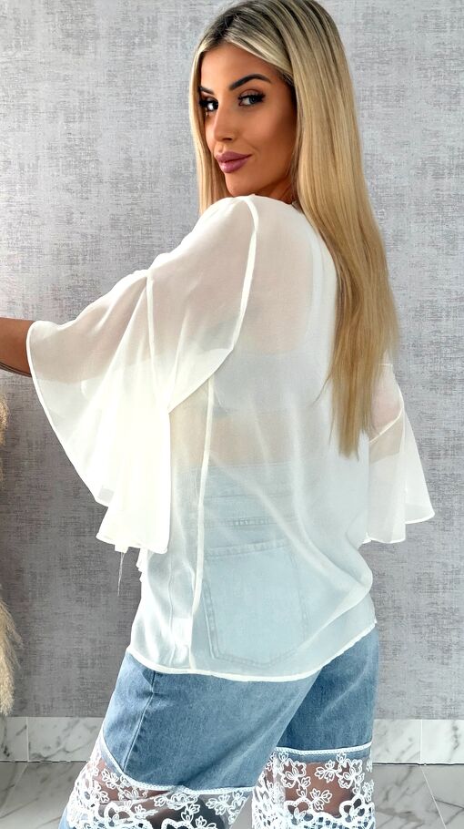 Elegancka bluzka koszulowa z żabotem ONE SIZE ecru - R460A