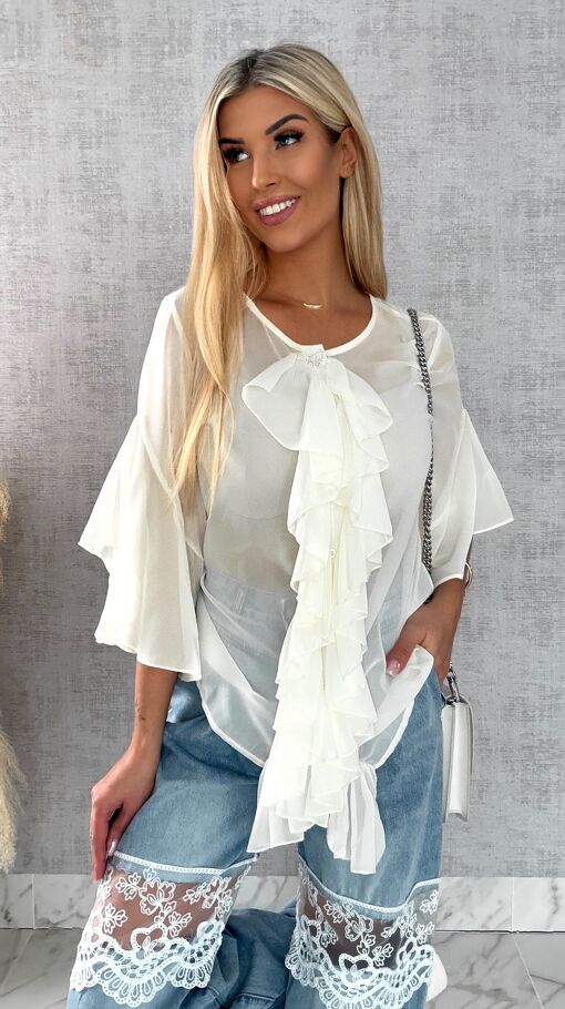 Elegancka bluzka koszulowa z żabotem ONE SIZE ecru - R460A