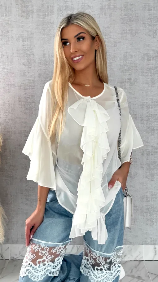 Elegancka bluzka koszulowa z żabotem ONE SIZE ecru - R460A