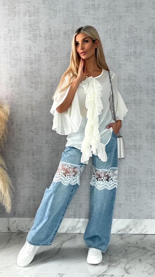 Elegancka bluzka koszulowa z żabotem ONE SIZE ecru - R460A