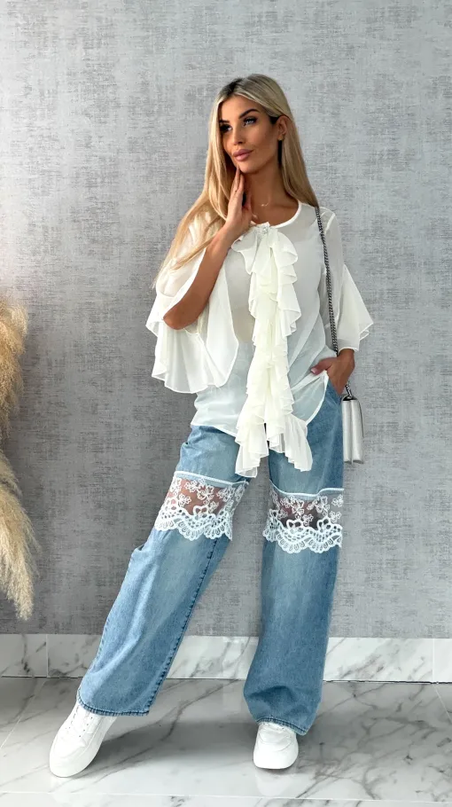 Elegancka bluzka koszulowa z żabotem ONE SIZE ecru - R460A