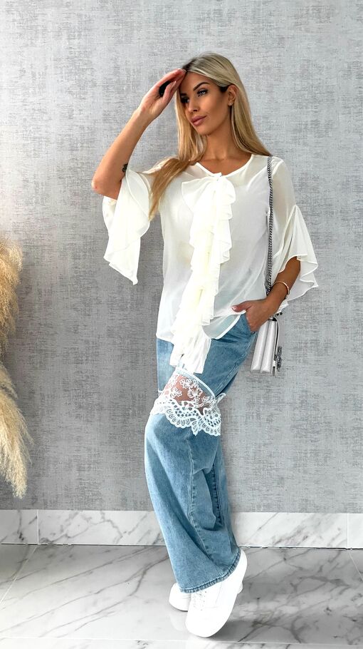 Elegancka bluzka koszulowa z żabotem ONE SIZE ecru - R460A