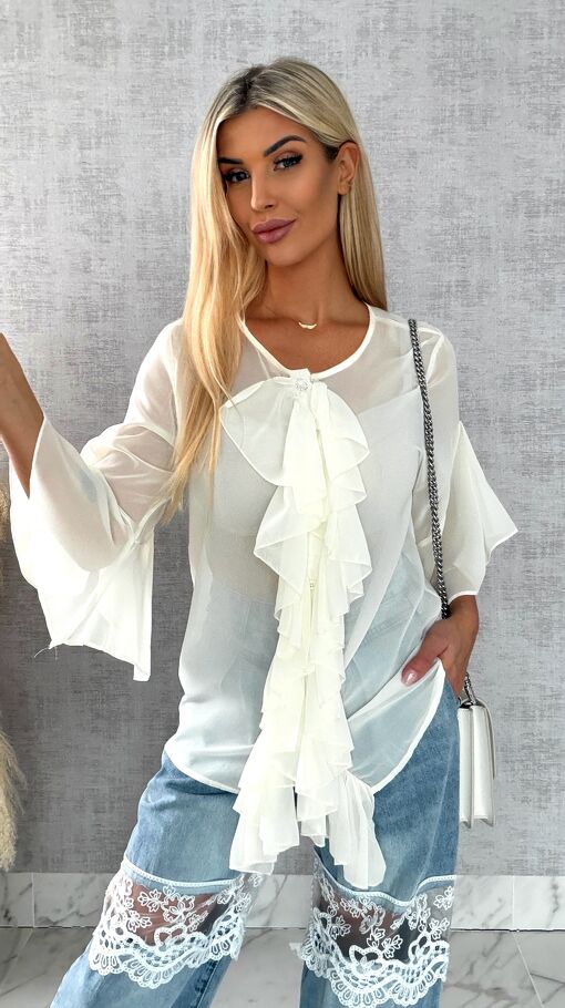 Elegancka bluzka koszulowa z żabotem ONE SIZE ecru - R460A