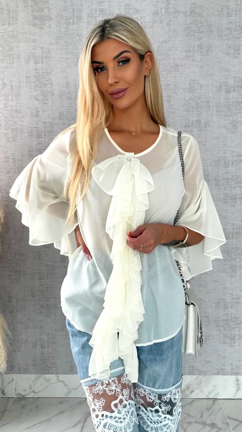 Elegancka bluzka koszulowa z żabotem ONE SIZE ecru - R460A