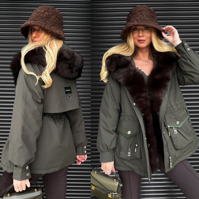 Kurtka zimowa PARKA z kapturem i ekskluzywnym futerkiem MOSS GREEN - S608
