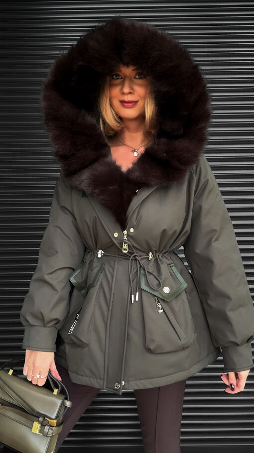 Kurtka zimowa PARKA z kapturem i ekskluzywnym futerkiem MOSS GREEN - S608