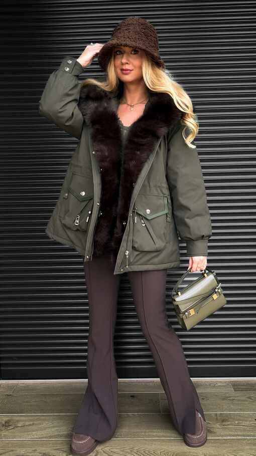 Kurtka zimowa PARKA z kapturem i ekskluzywnym futerkiem MOSS GREEN - S608