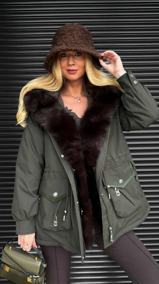 Kurtka zimowa PARKA z kapturem i ekskluzywnym futerkiem MOSS GREEN - S608