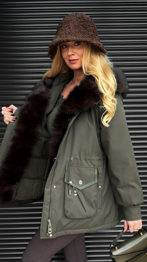 Kurtka zimowa PARKA z kapturem i ekskluzywnym futerkiem MOSS GREEN - S608