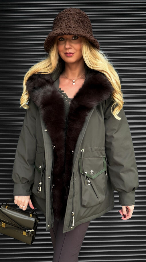 Kurtka zimowa PARKA z kapturem i ekskluzywnym futerkiem MOSS GREEN - S608